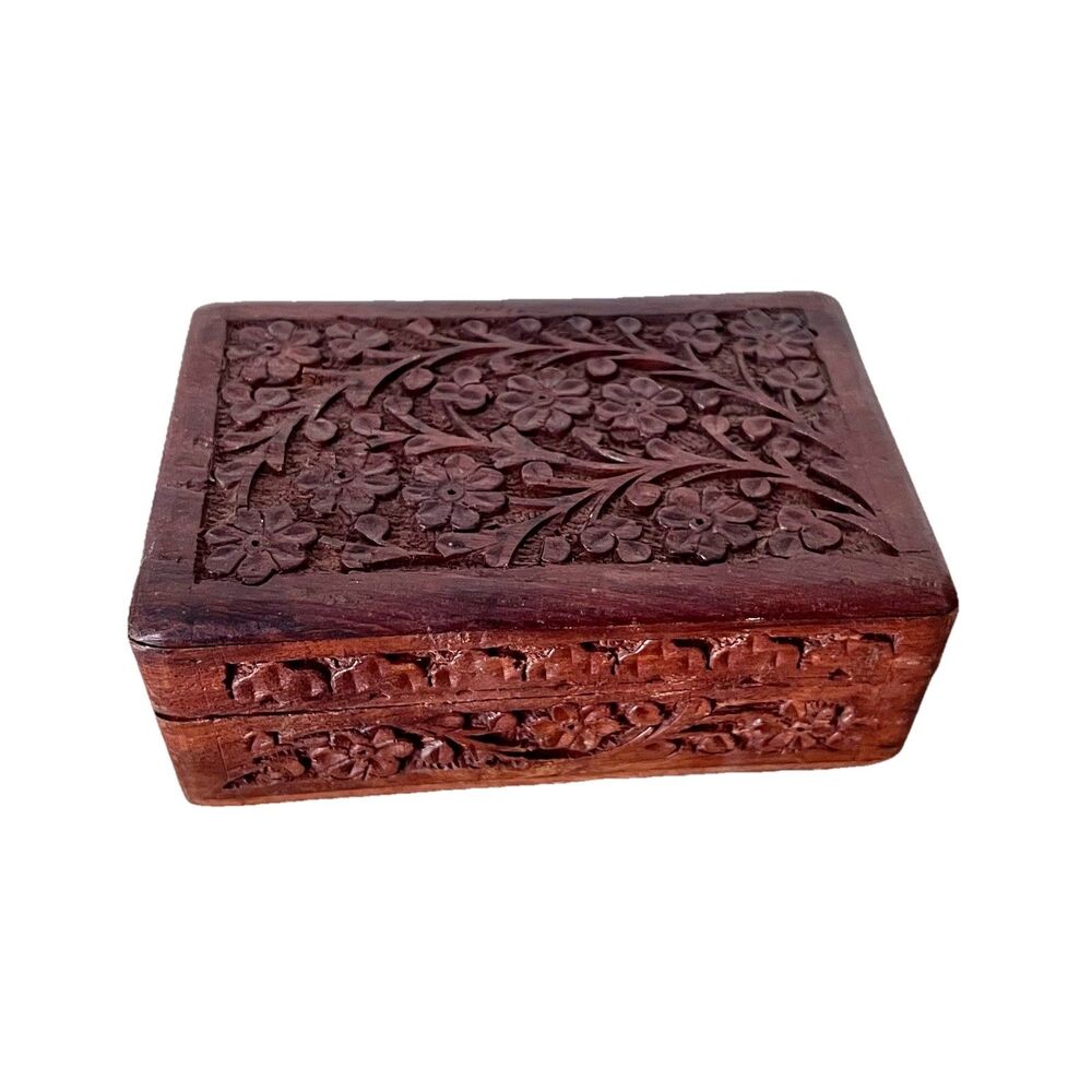 Wood Hand Carved Ornate Trinket Box - India Blue Velvet Inside 6” x 3.75” x 2”